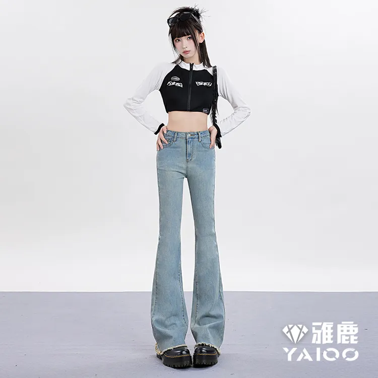 V/雅鹿时尚修身微喇牛仔裤女2024春季显瘦设计感小个子韩版微喇裤