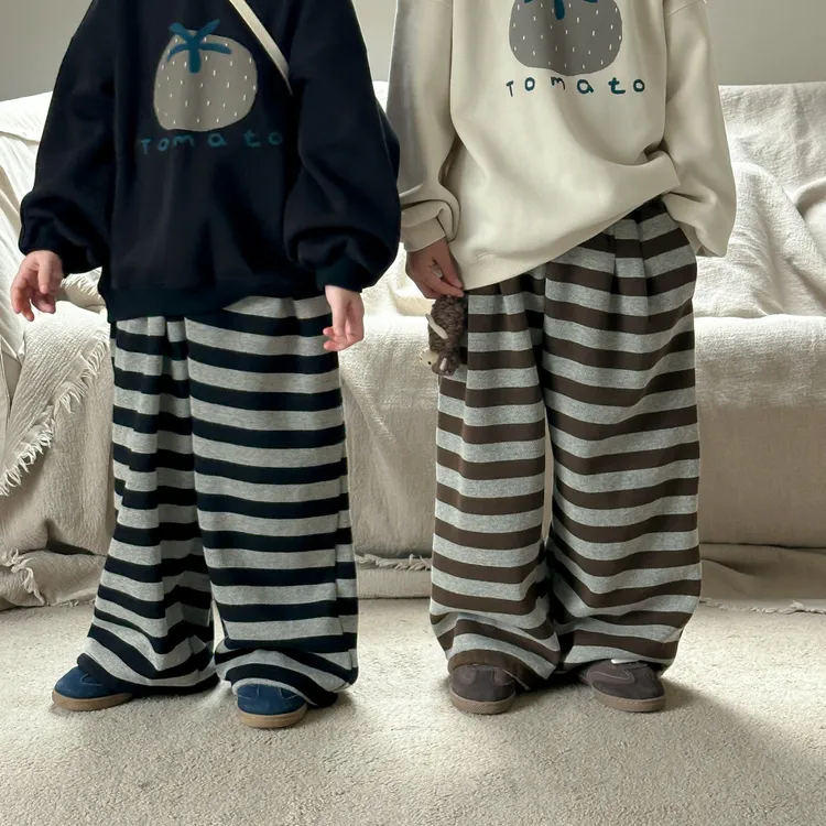 巴拉巴拉童裤2024冬男童女童休闲条纹阔腿一体绒裤子儿童宽松百搭
