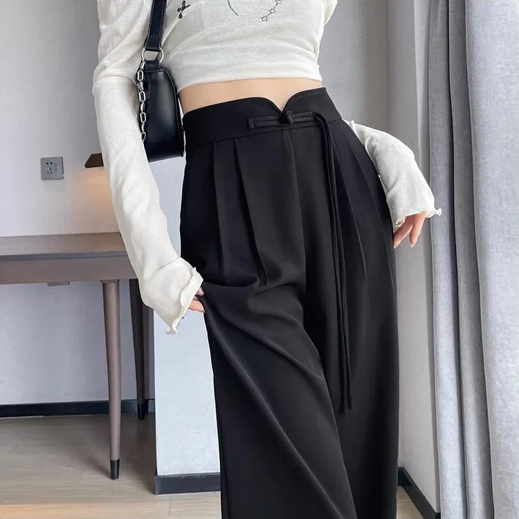 新中式国风阔腿裤高腰垂感休闲裤遮肉显瘦宽松裤子女薄款拖地裤
