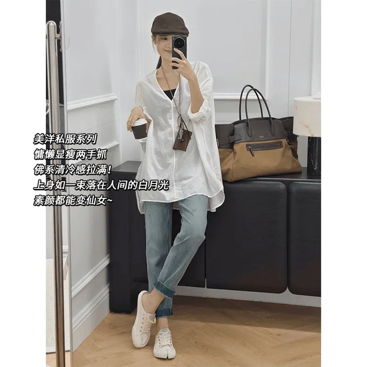 美洋MEIYANG 佛系衬衫 私服款！气质V领轻薄微透宽松拼接长袖上衣