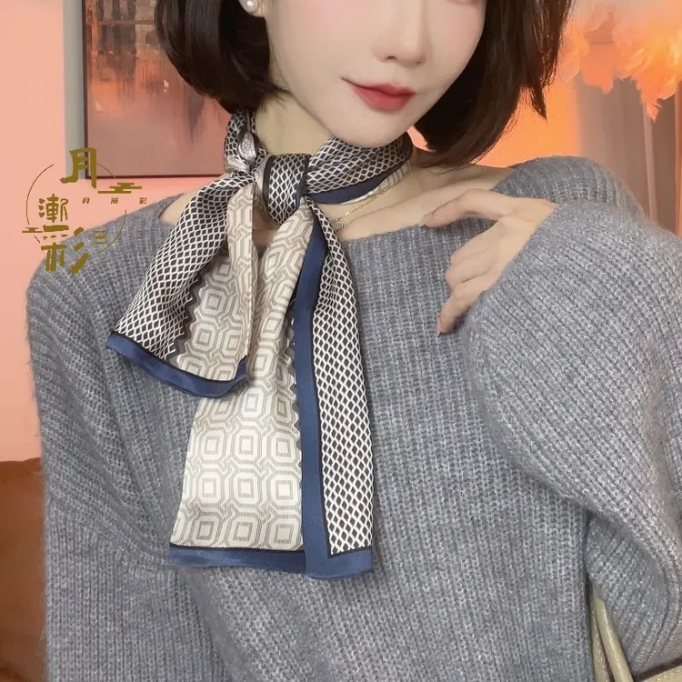 质感菱格 真丝飘带100%桑蚕丝双层双面长条丝巾 145x15cm