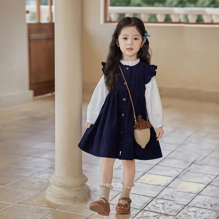 小香风套装秋季2024新款韩系儿童灯芯绒连衣裙宝宝泡泡袖衬衫