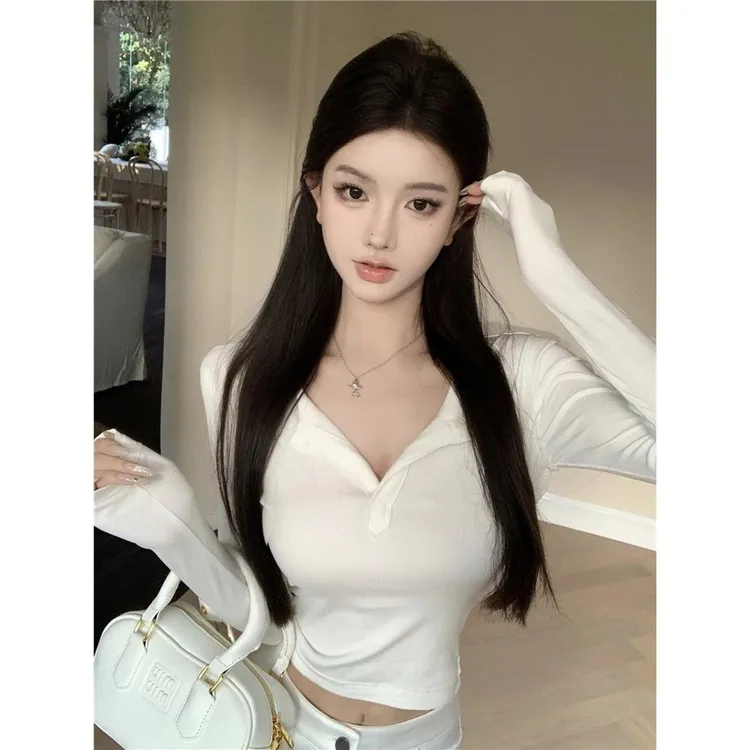 白色v领长袖针织T恤女秋季基础款修身显瘦内搭弹力短款打底衫上衣