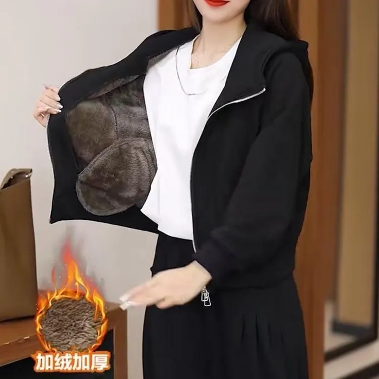 休闲加绒短外套女2024秋季新款洋气连帽开衫卫衣宽松小个子外套潮