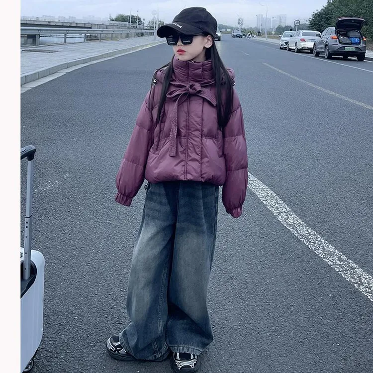 女童宽松连帽白鸭绒羽绒服短款2025冬季款中大童羽绒服女款8-16岁