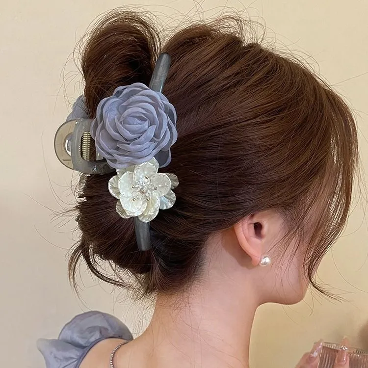 花开超仙淡墨痕~网纱花朵发夹2024后脑勺新款高级鲨鱼发卡头饰女