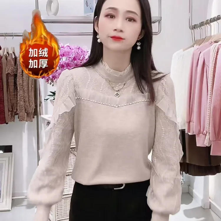 加绒加厚蕾丝打底衫女士秋冬季新款木耳边洋气显瘦半高领拼接上衣