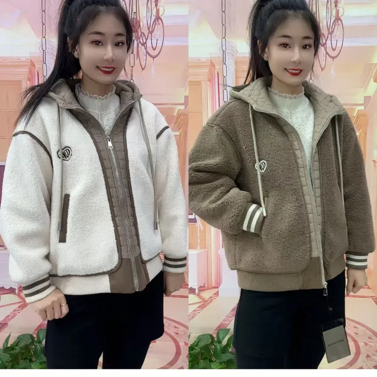 607款洋气压格连帽颗粒棉服外套