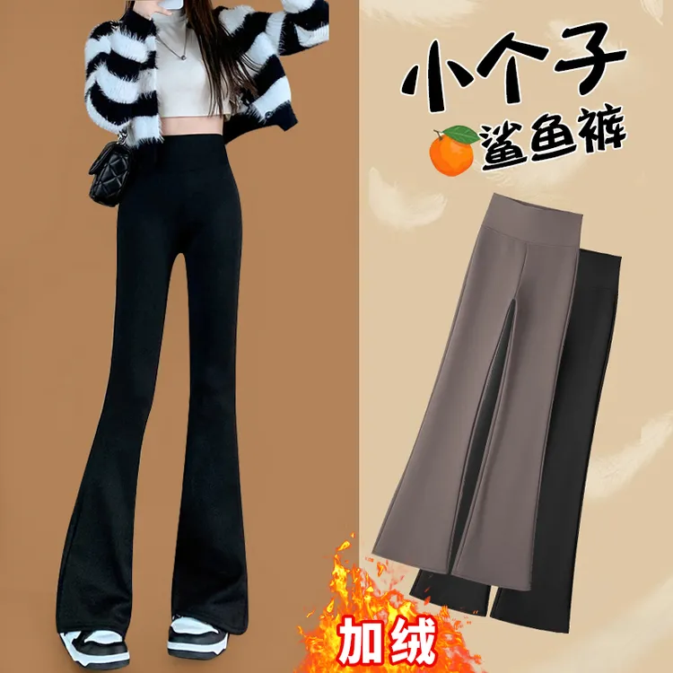 145cm小个子加绒微喇鲨鱼裤女外穿冬款阔腿裤高腰窄版显瘦喇叭裤.