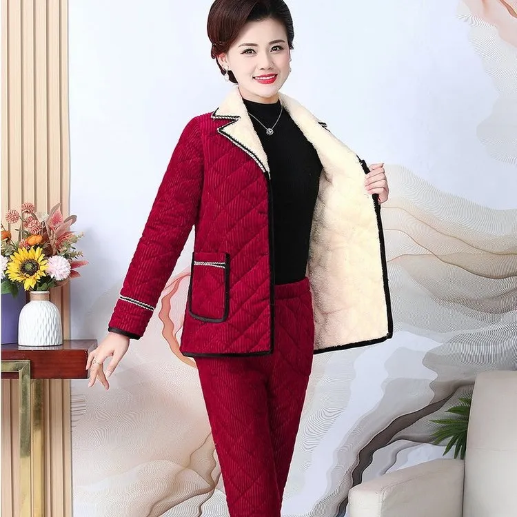 冬季新款妈妈装纯色小棉衣加绒保暖套装中老年女洋气时尚棉袄棉裤