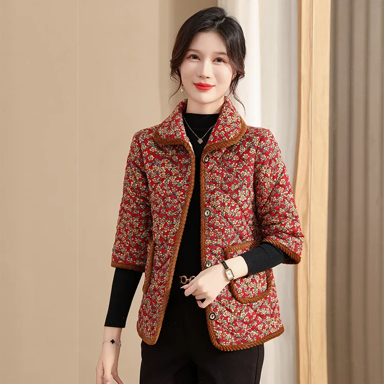 高档印花加绒棉袄秋冬新款妈妈装民族风冬季短款棉服时尚保暖外套