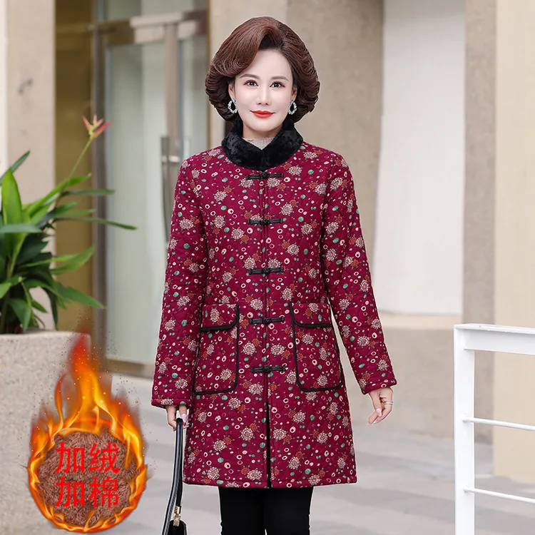 冬季棉袄大码妈妈装宽松花色加绒保暖民族风复古宫廷盘扣时尚外套