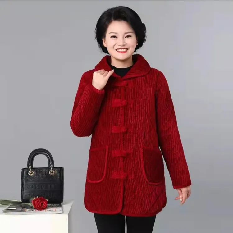 冬季棉衣妈妈装加绒加厚时尚棉服大码民族风中老年女翻领盘扣保暖
