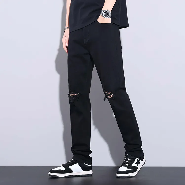黑色破洞牛仔裤男款爆款2025新款个性潮流男士直筒裤子男夏季款