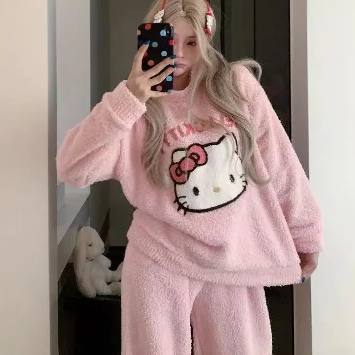 卡通KT猫软糯半边绒珊瑚绒秋冬季睡衣少女保暖甜美加厚家居服女士