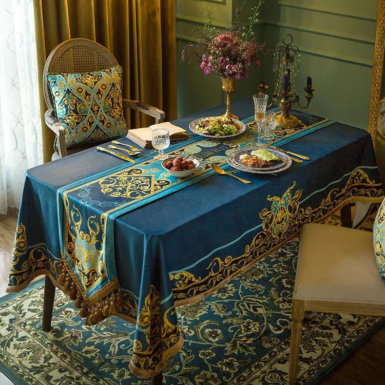 蓝金复古欧式奢华桌旗美式轻奢床旗电视柜茶几长条装饰布浪漫设计