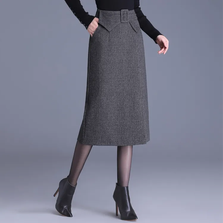 秋冬毛呢开叉一步裙包臀裙洋气直筒裙时尚显瘦半身裙气质通勤半裙