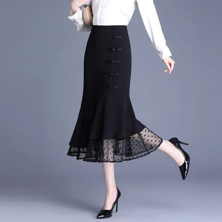 鱼尾半身裙女2025春夏秋款中式盘扣包臀裙高腰中长款网纱边一步裙