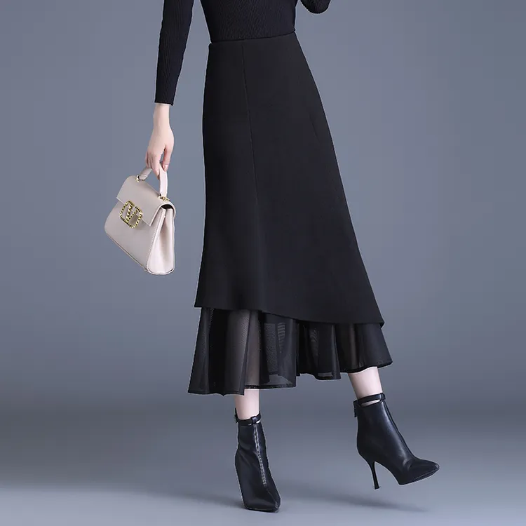 显瘦半身裙秋冬中长款春秋新款高腰遮胯鱼尾裙冬季气质黑色长裙子