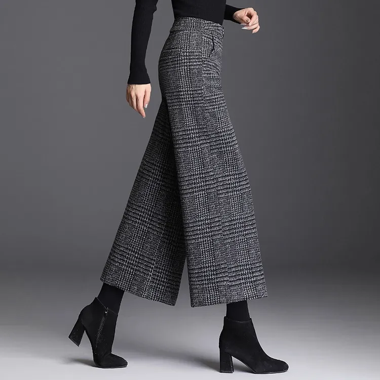 加厚羊毛呢复古格子阔腿裤直筒女裤子2025冬季新款宽松休闲九分裤
