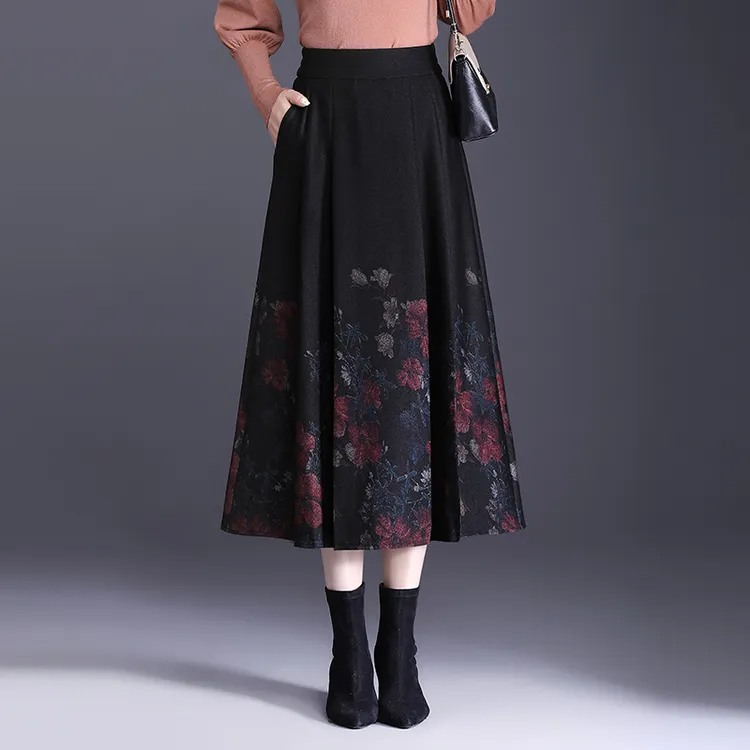 高腰毛呢半身裙女秋冬显瘦时尚大码碎花中长款a字裙垂感百褶裙子