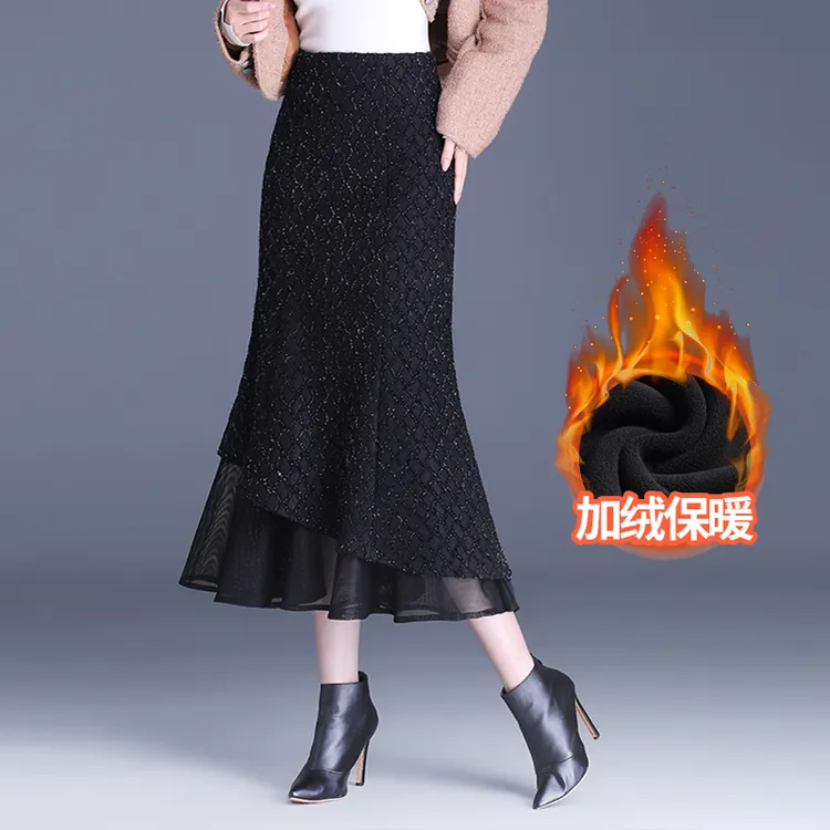 秋冬小香风鱼尾裙加绒网纱拼接显瘦半身裙女高腰包臀裙长裙一步裙