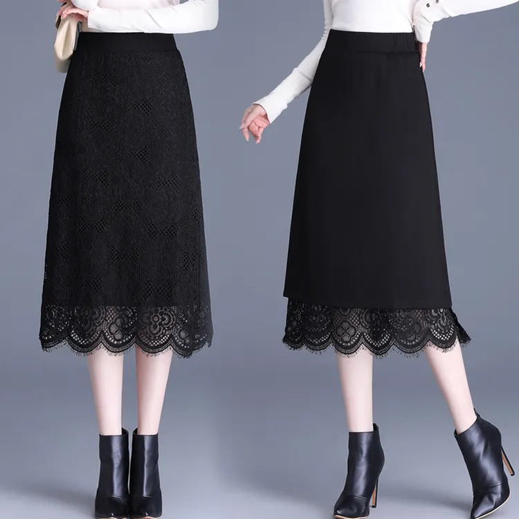 蕾丝半身裙女春秋2025高腰包臀裙中长款双面穿黑色a字[省钱风]裙