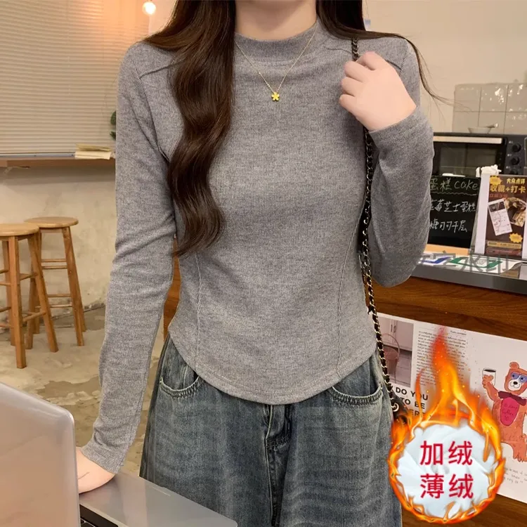 加绒保暖打底衫女内搭2025秋冬季长袖磨毛T恤弧形下摆设计感上衣