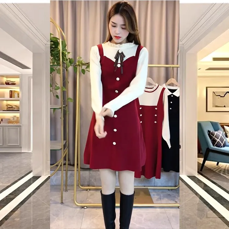 法式针织连衣裙2024年秋装新款高端大气秋冬韩版冬洋气假两件拼接