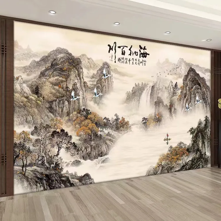 定制18d电视墙壁画壁纸布3D10D客厅沙发墙影视墙纸墙布中式山水画