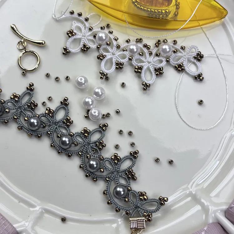 白色灰色仿珍珠梭编项链手链5号手工diy有教程