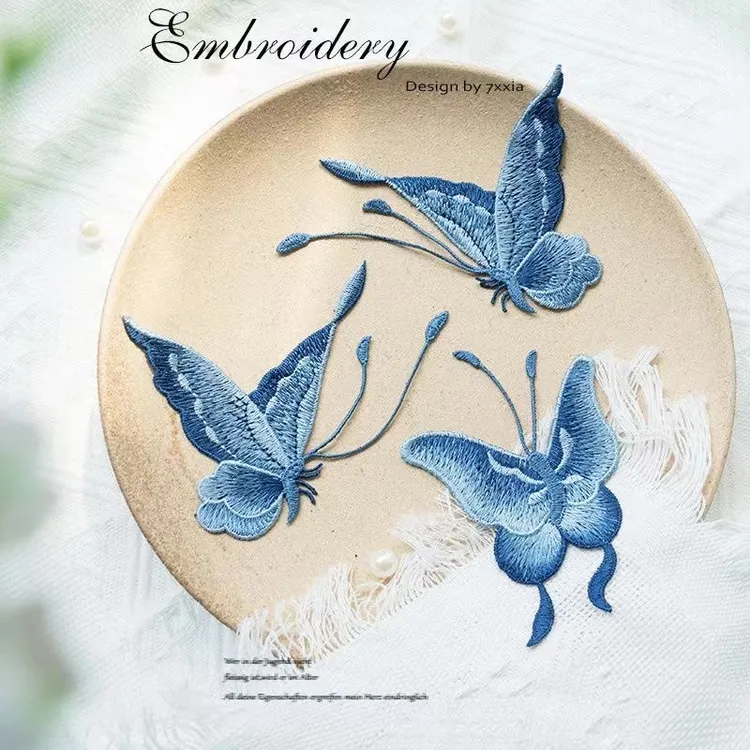 蓝蝴蝶补丁贴刺绣布贴破洞修补装饰贴蝴蝶中国风手缝补丁辅料绣花