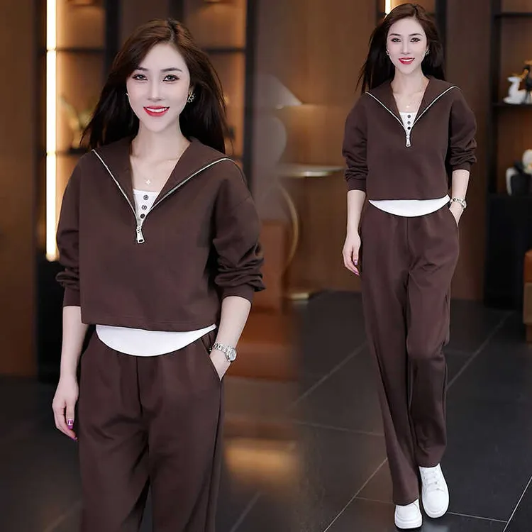 休闲运动套装女2024秋季新款洋气减龄翻领卫衣背心阔腿裤三件套潮