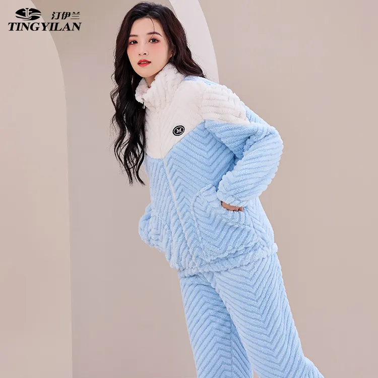 睡衣女冬加厚法兰绒套装拉链家居服珊瑚绒加绒保暖简约时尚秋冬季