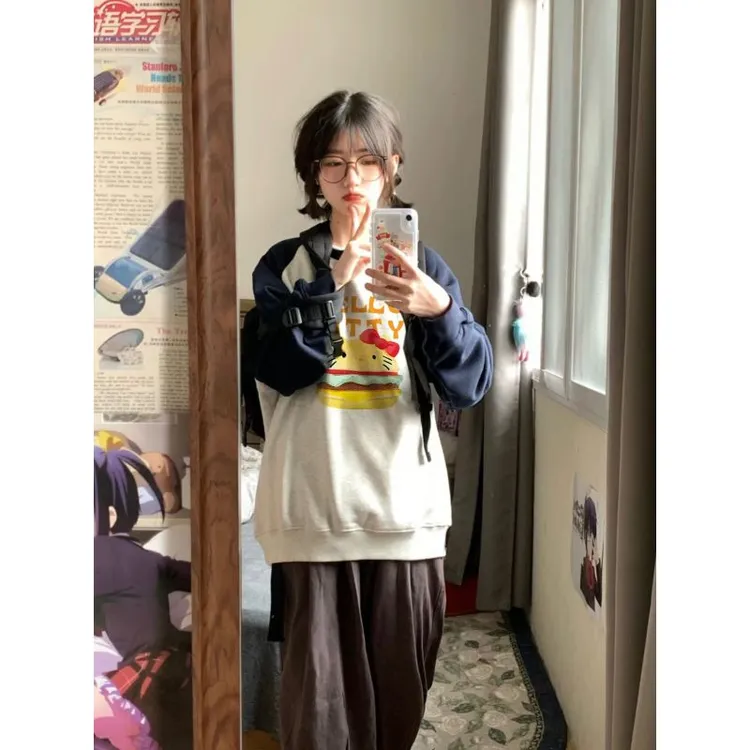 拼色插肩袖大码纯棉圆领卫衣女套头美式汉堡秋冬季宽松复古学生潮