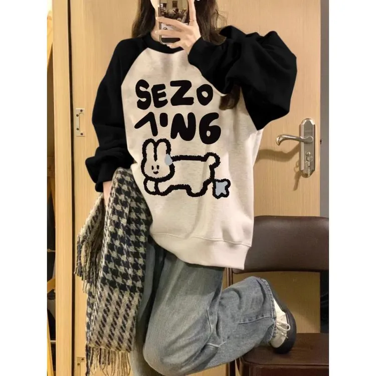 美式复古纯棉大码圆领卫衣女韩版chic字母兔加绒加厚宽松无帽上衣