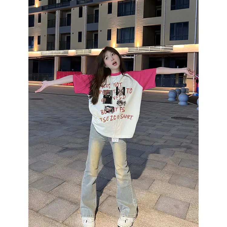 特大码港味ins糖果色oversize宽松纯棉t恤女胖MM拼色插肩半袖上衣