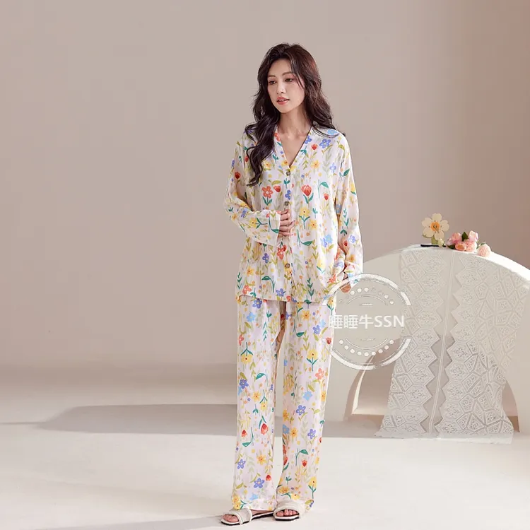 月子服2025宽松睡衣薄款透气长袖长裤开衫和服款棉绸套装家居服