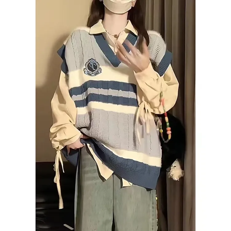早秋季多巴胺女孩宽松显瘦穿搭小个子针织马甲叠穿衬衫毛衣套装女