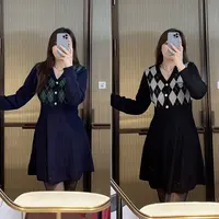 微胖定制~【学院女神】秋冬减龄显瘦V领气质学院风针织连衣裙HC444