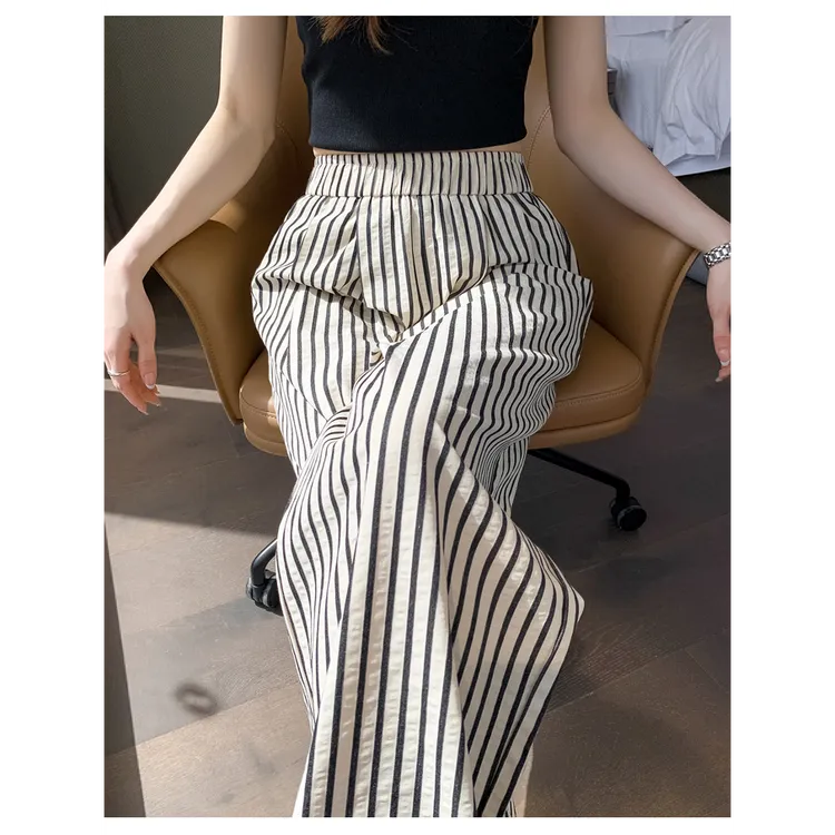 夏季新款条纹棉麻小个子阔腿裤女高腰宽松垂感直筒仿麻拖地长裤女