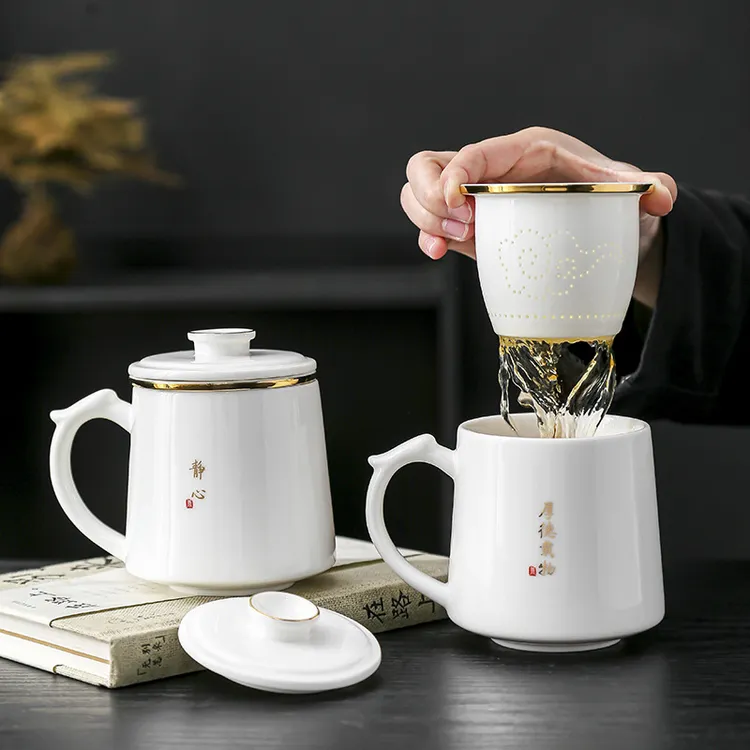 羊脂玉白瓷主人茶杯办公杯茶水分离杯陶瓷水杯办公室泡茶杯带过滤