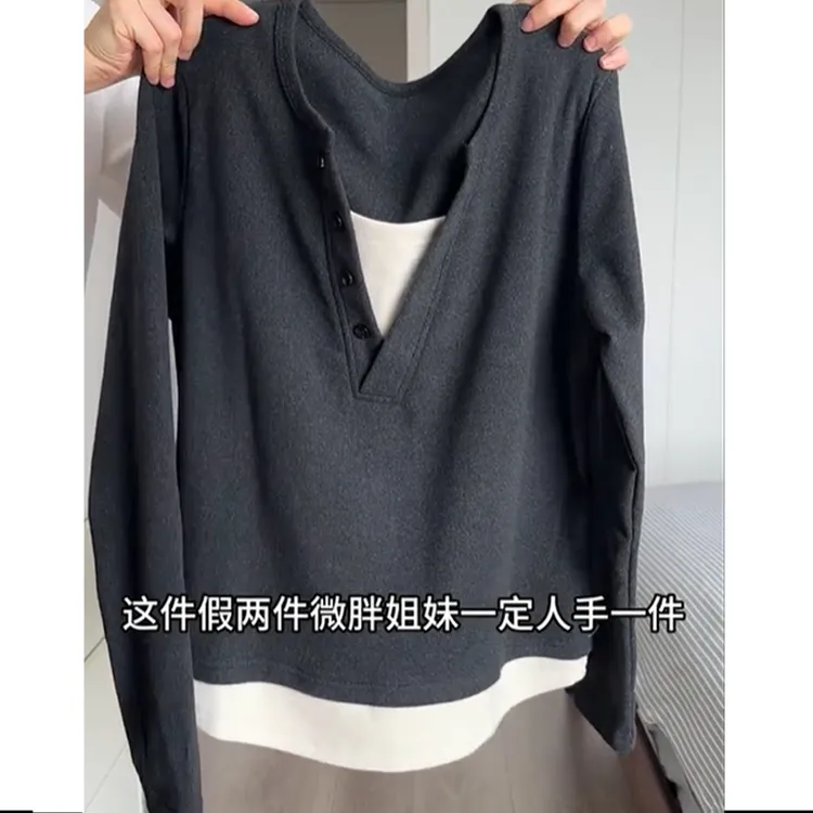 大码胖mm200斤韩系时尚双面磨毛v领正肩显瘦长袖t恤女秋季假两件