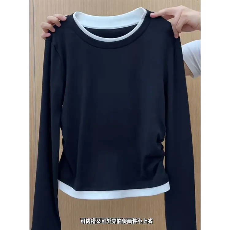 大码胖mm200斤气质洋气收腰假两件上衣女秋冬小众显瘦遮肉长袖t恤