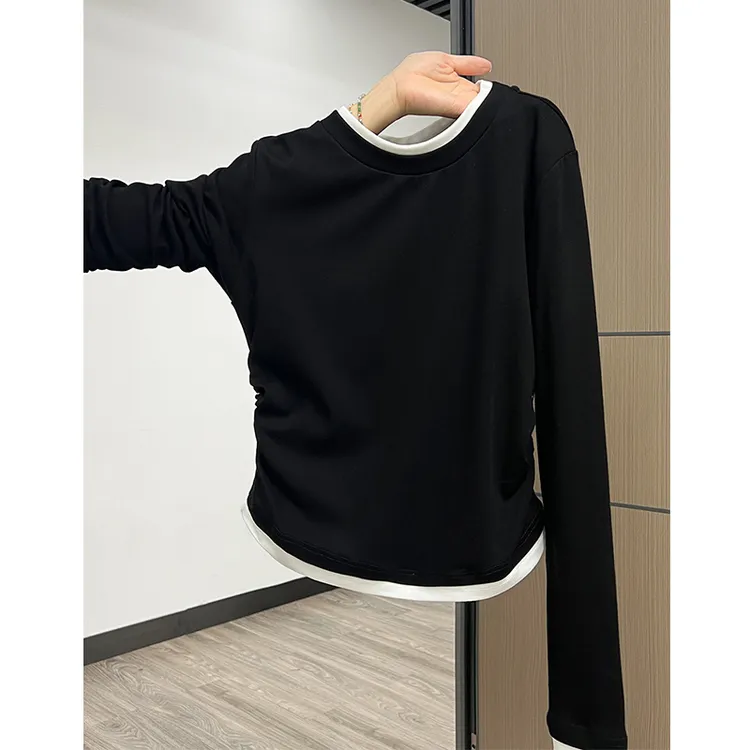 胖mm200斤气质港风拼接褶皱收腰假两件长袖t恤女秋冬春秋磨毛上衣