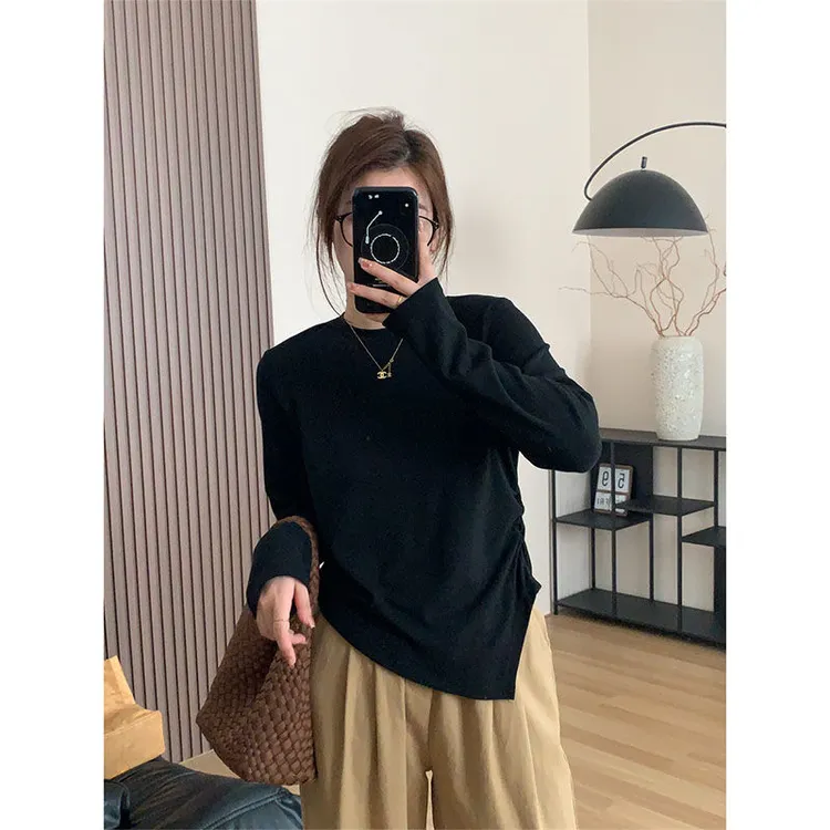 大码胖mm200斤洋气港风长袖T恤女不规则下摆遮肚正肩显瘦打底内搭