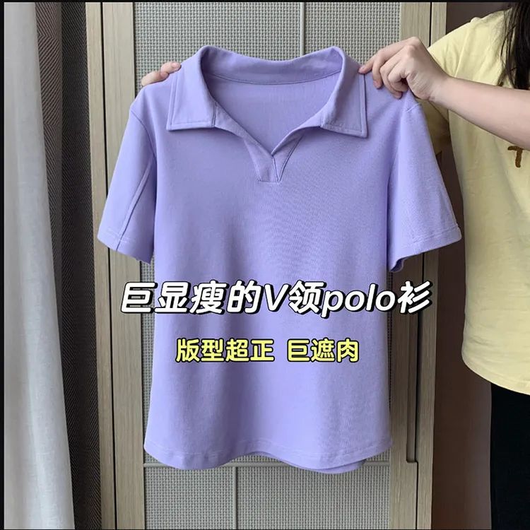 大码胖mm200斤夏日新款V领正肩polo衫女宽松百搭减龄气质短袖t恤