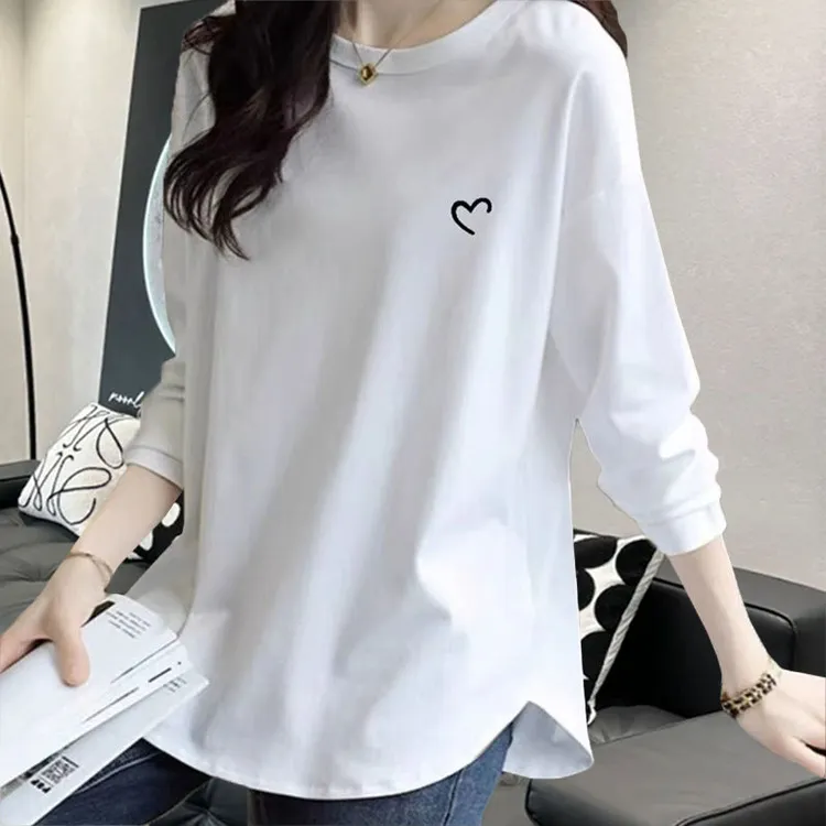 大码胖mm300斤韩版简约小众印花中长款弧形下摆遮肉宽松长袖t恤秋