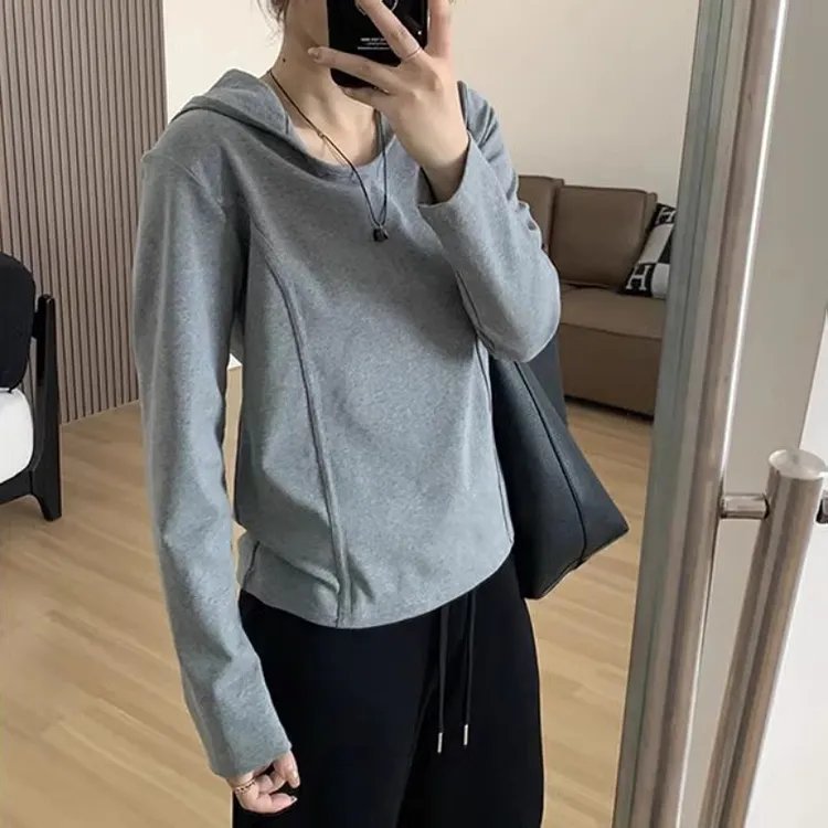 胖mm200斤气质韩版鱼骨线收腰正肩连帽卫衣女秋季显瘦长袖t恤上衣