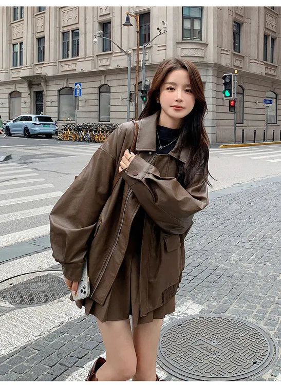美式复古棕色皮衣外套女2025秋季新款港风复古翻领宽松机车夹克潮